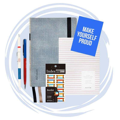 set de papelería con cuaderno, bolígrafo y postal
