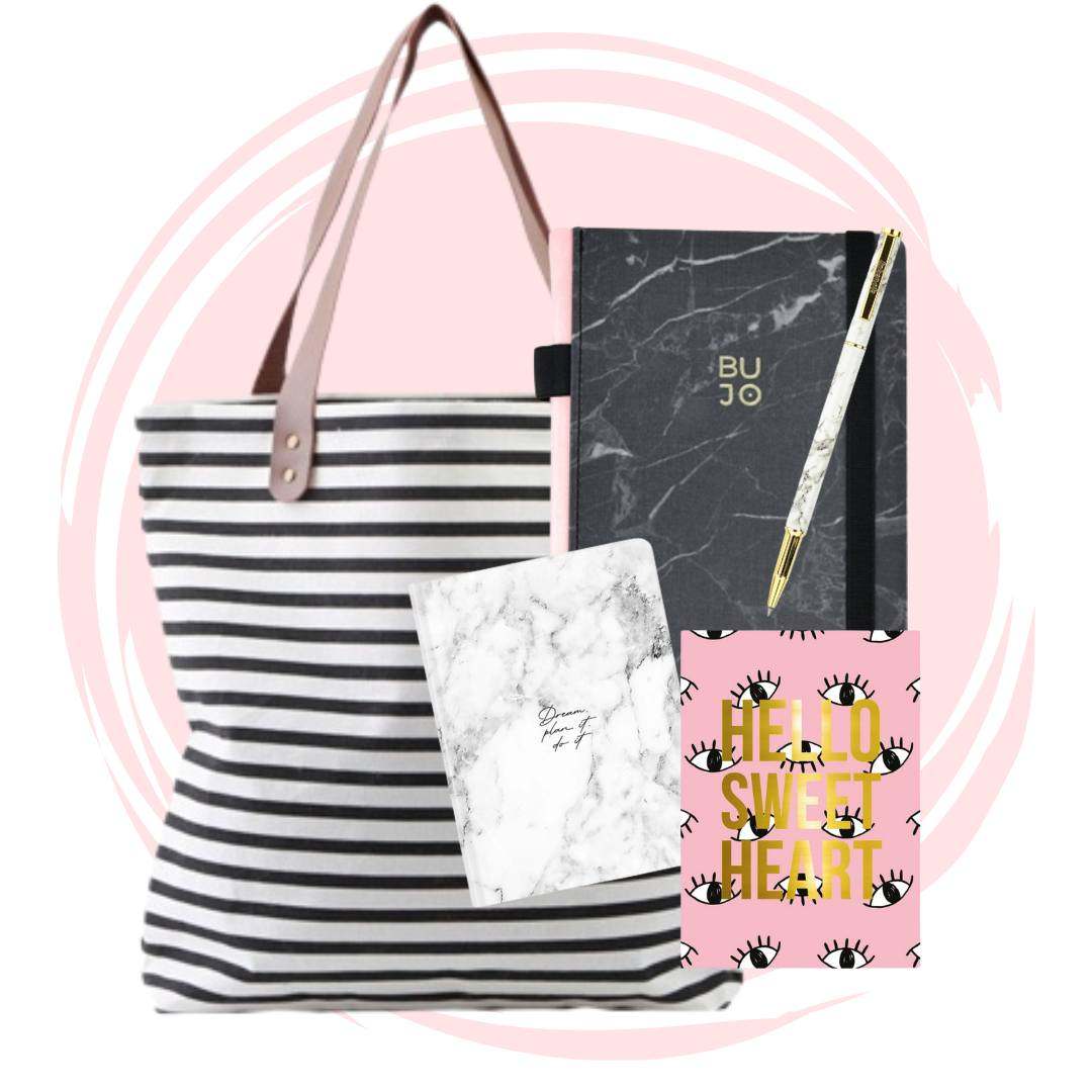 set regalo con bolsa de rayas, cuadernos y bolígrafo con estampado mármol