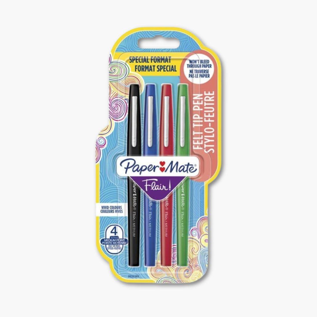 Pack de 4 rotuladores Paper Mate Flair punta media negro, azul, rojo, verde.