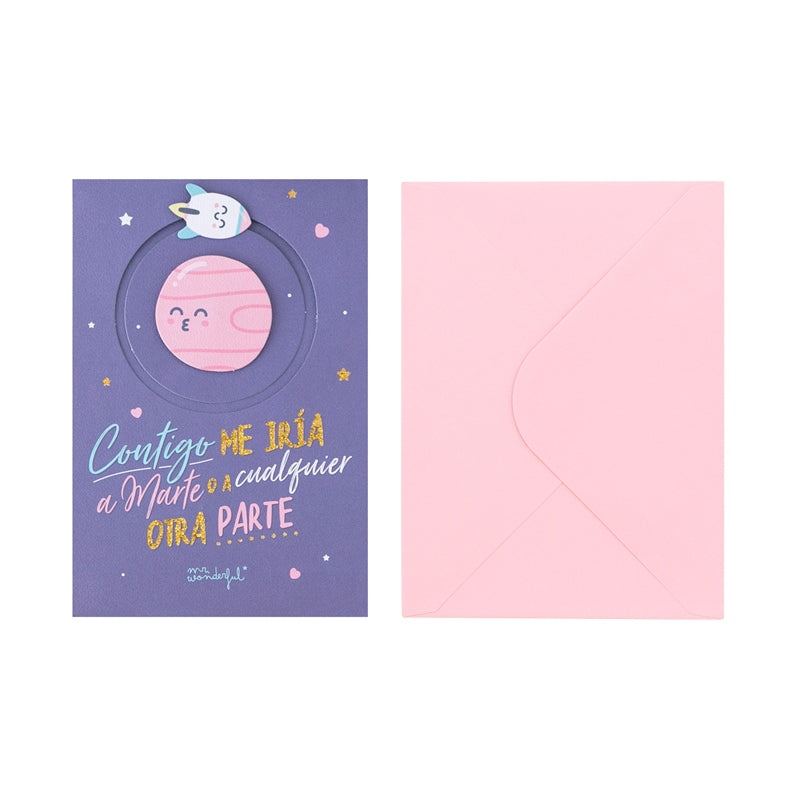 postal felicitación con planeta y cohete y sobre rosa