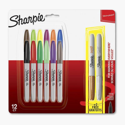 Set 12 Rotuladores Permanentes Sharpie y 2 Metálicos en colores surtidos para precisión y durabilidad.