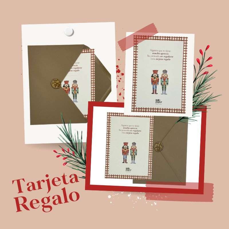 Tarjeta Regalo Billy Paper con diseño de cascanueces y sobre kraft.