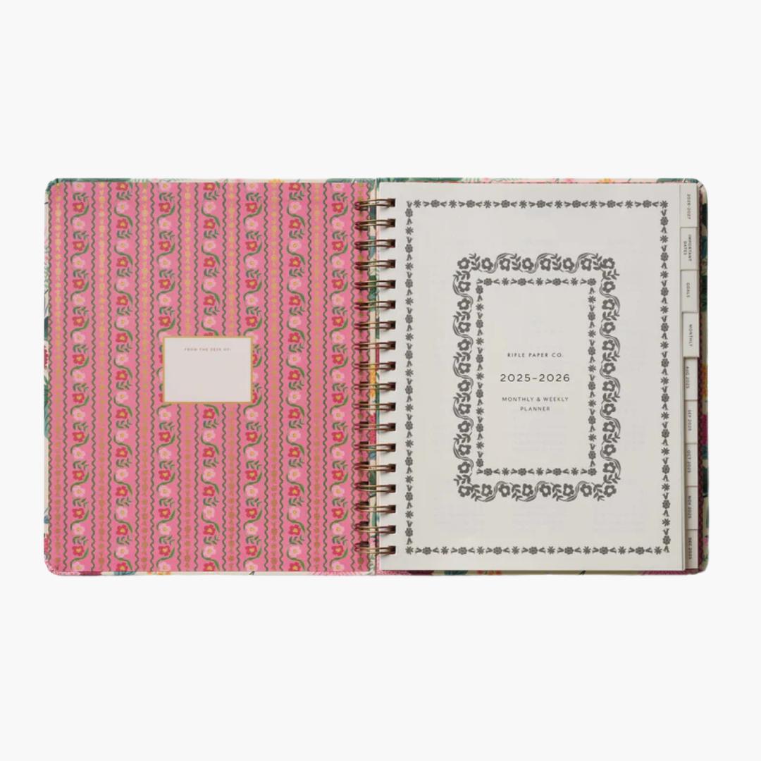 interior agenda de 17 meses 2025-2026 con diseño floral dahlia de Rifle Paper Co