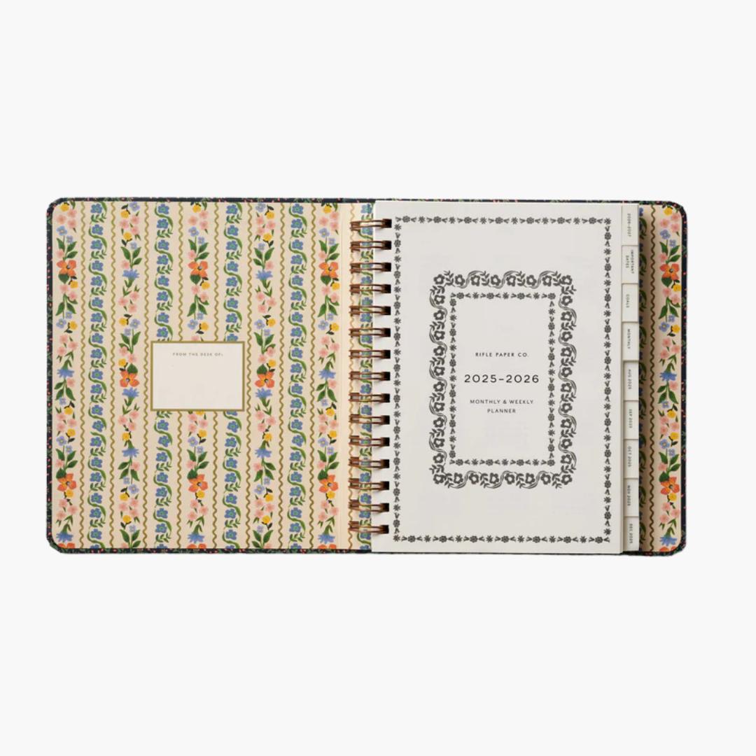 interior agenda de 17 meses 2025-2026 con diseño floral wildwood de Rifle Paper Co