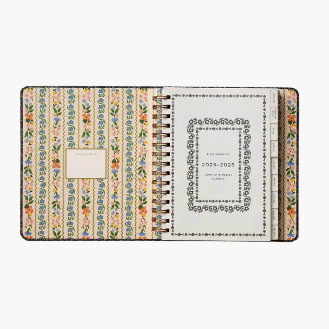interior agenda de 17 meses 2025-2026 con diseño floral wildwood de Rifle Paper Co
