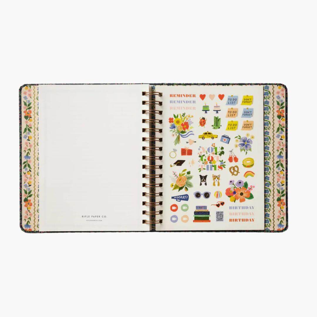 interior agenda de 17 meses 2025-2026 con diseño floral wildwood de Rifle Paper Co