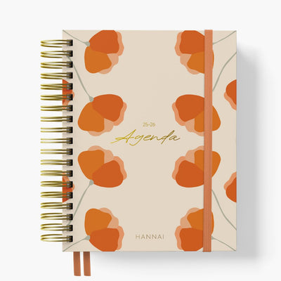 agenda académica 2025-2026 con anillas y portada con flores de hannai