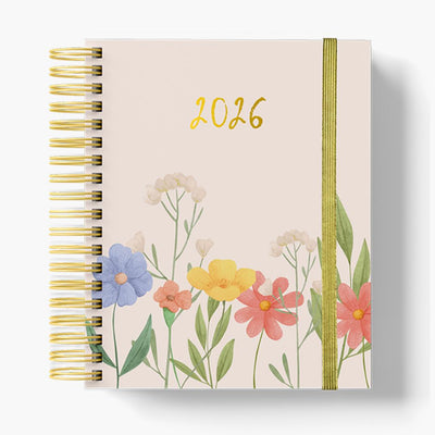 agenda 2026 con anillas y portada con flores
