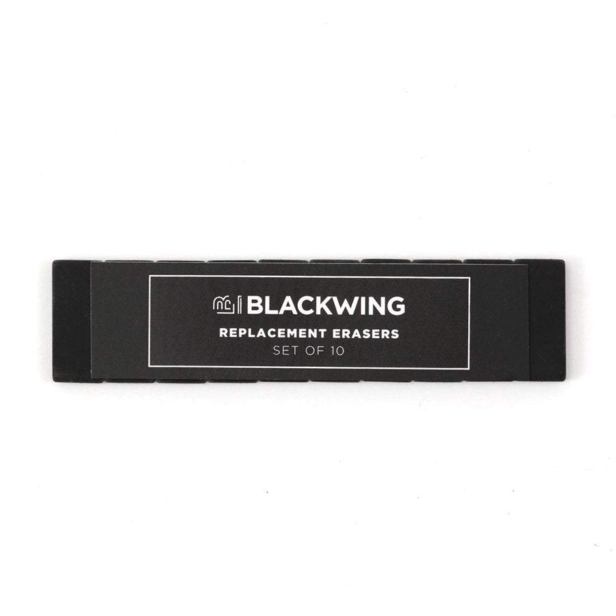 Pack de 10 gomas BLACKWING reemplazables en color negro, tamaño 1 x 2 cm.