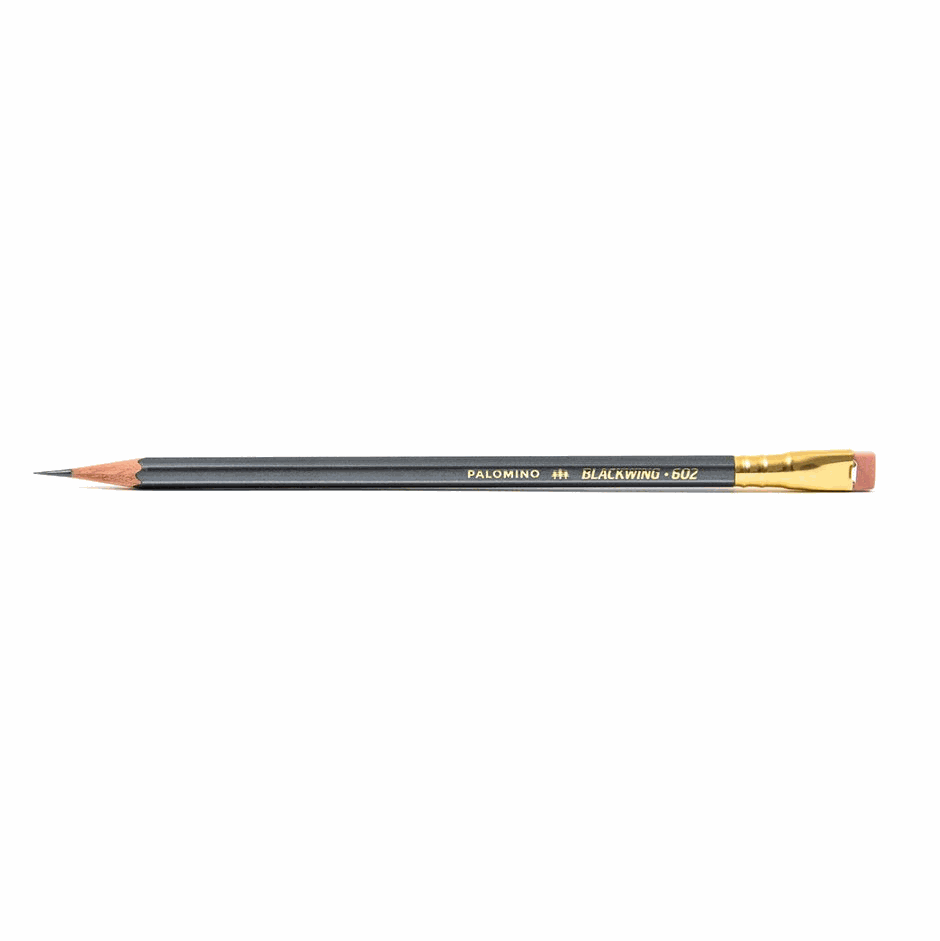 Lápiz BLACKWING 602, acabado gris metalizado, férula dorada, goma de borrar rosa.