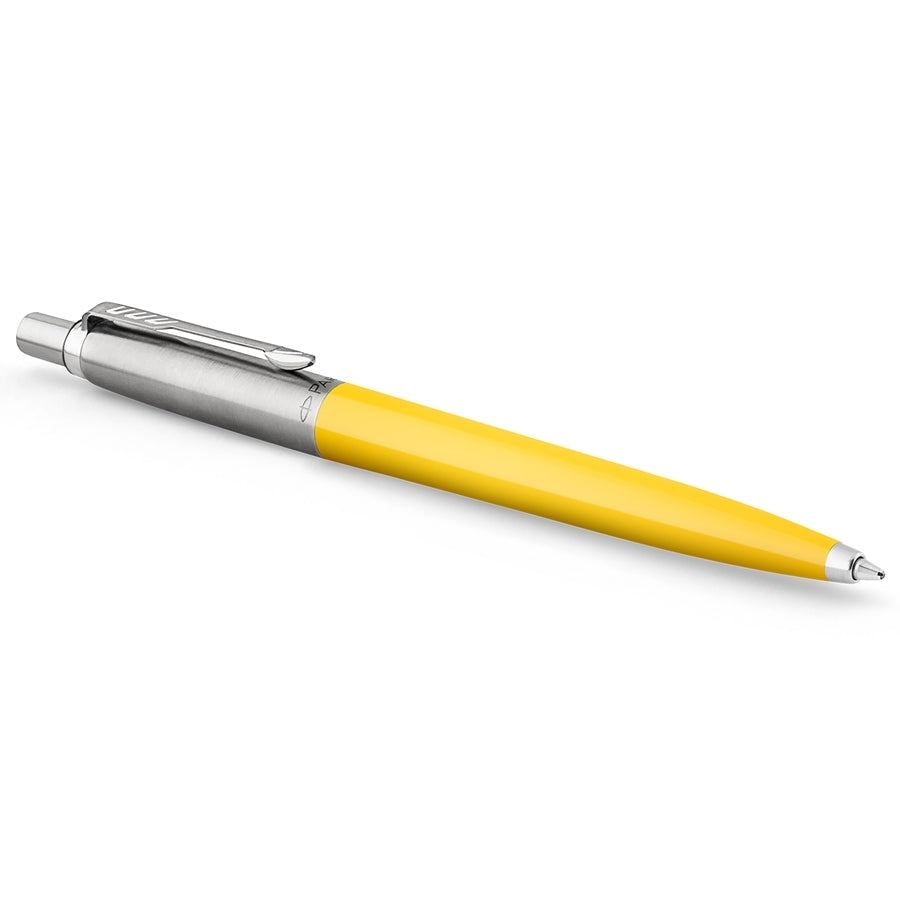 Bolígrafo Parker Jotter Original color amarillo con detalles en metal cromado y clip en forma de flecha.
