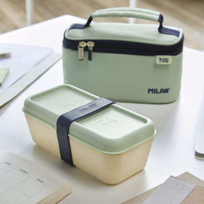 Bolsa isotérmica verde Milan 1918 con recipiente azul marino, diseño elegante, térmico, porta alimentos.