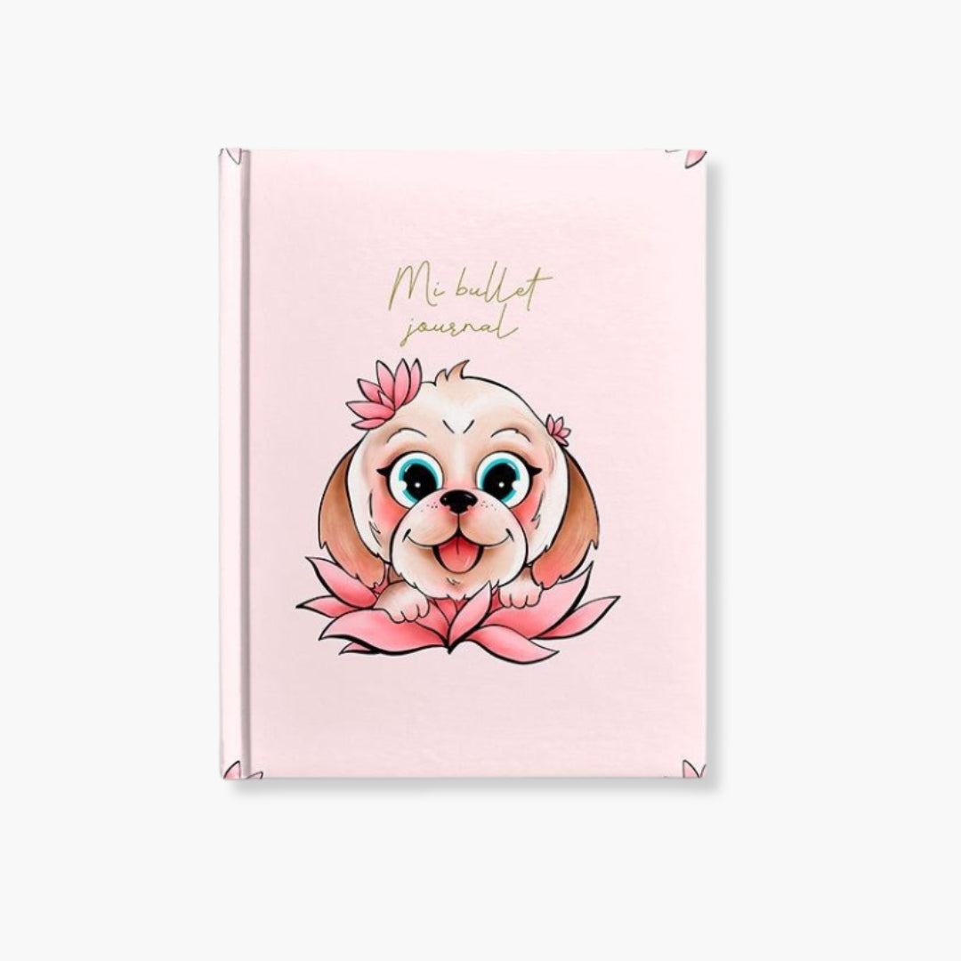 Cuaderno Bullet Journal Lotus Dog con tapa dura estampada y diseño de perro en flor de loto.