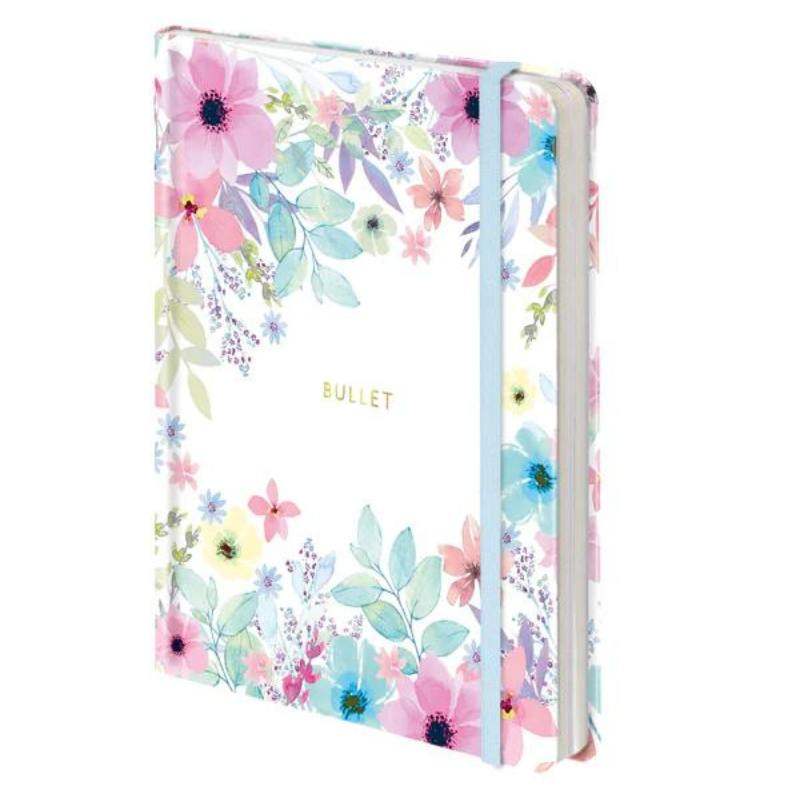 Cuaderno Bullet Journal Viviana con tapa dura floral y detalles dorados.