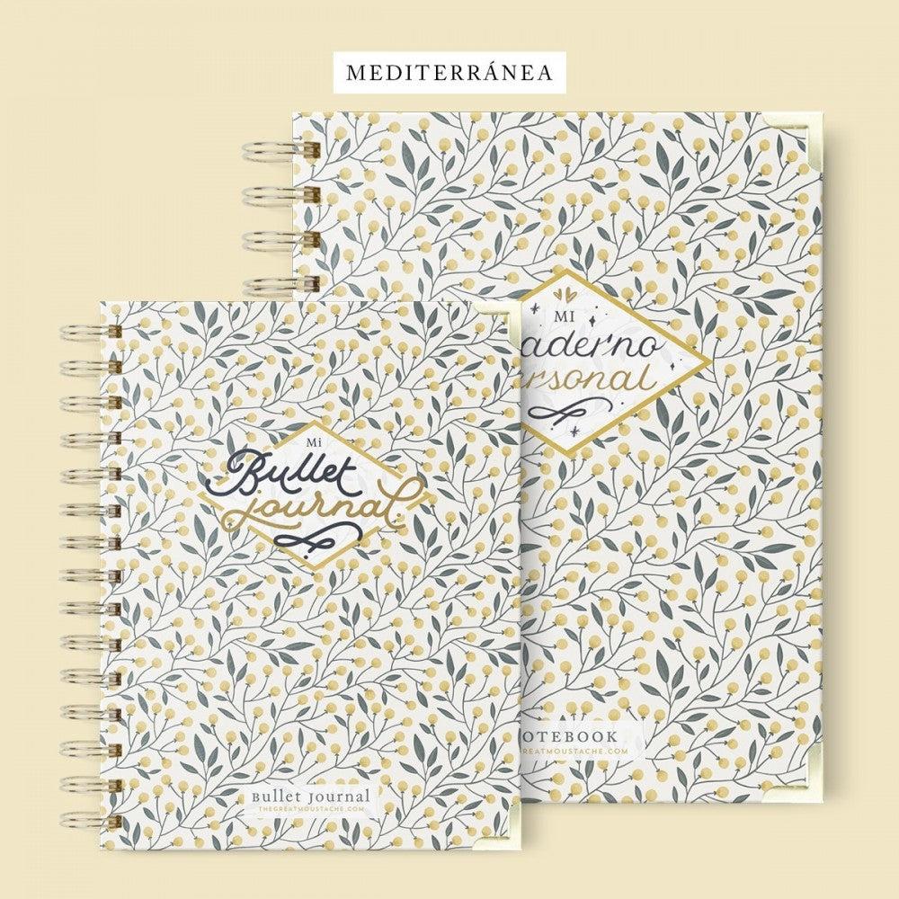 Cuaderno Bullet Journal Mediterranea con diseño floral, tamaño A5, tapas duras, páginas punteadas.
