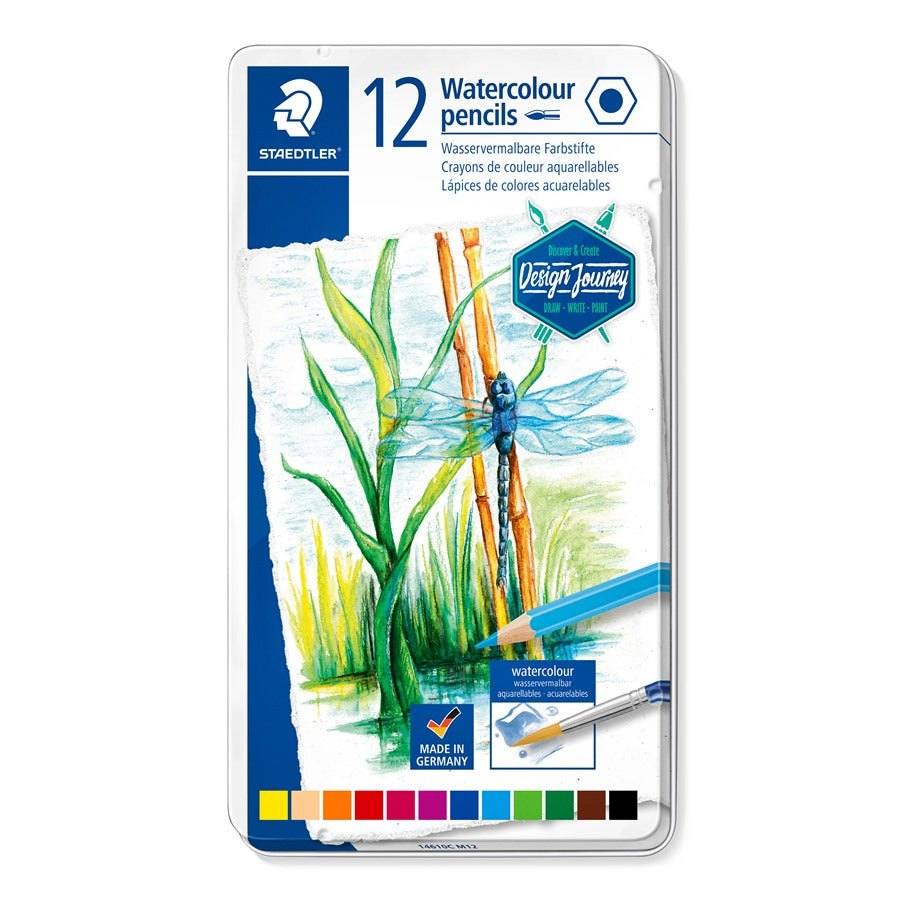 Caja metálica de 12 lápices de colores acuarelables Staedtler, ideal para técnicas de acuarela y dibujo.
