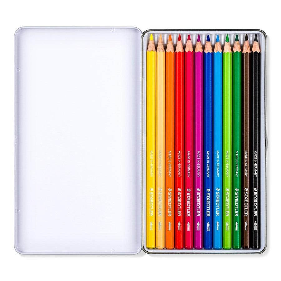 caja metálica con 12 lápices de colores acuarelables surtidos