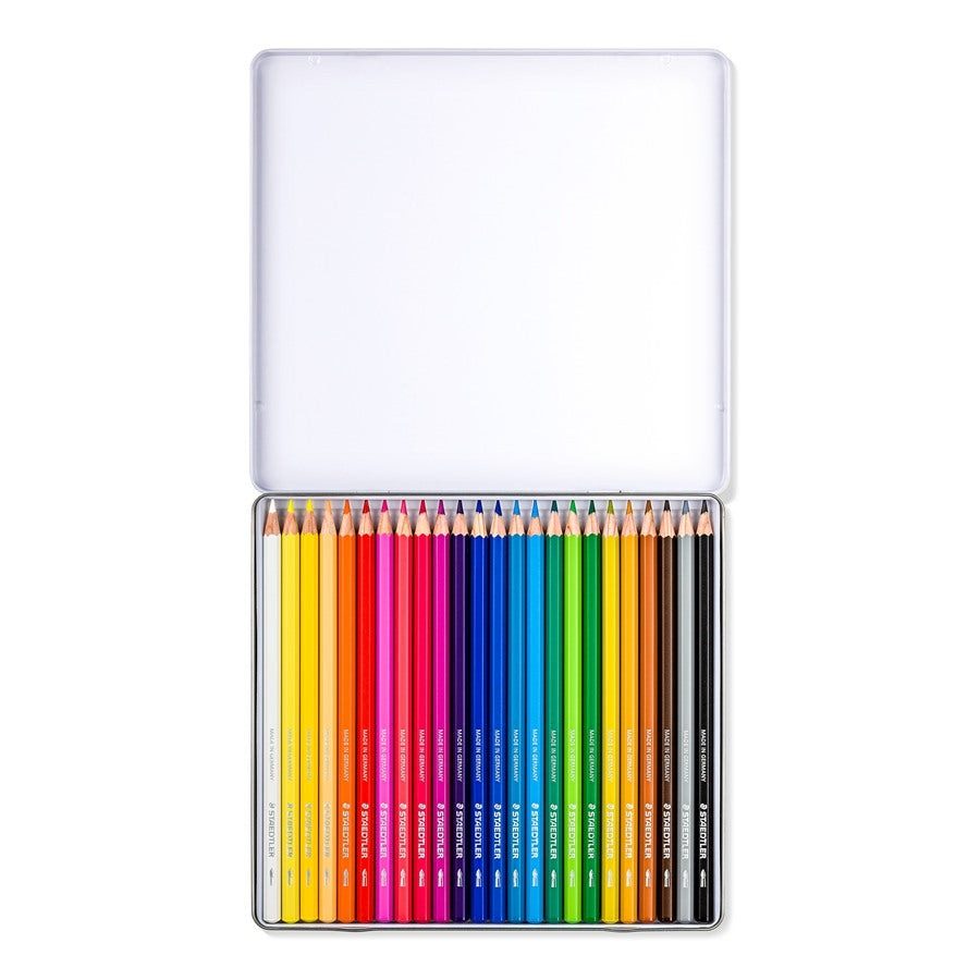 Caja metálica con 24 lápices de colores acuarelables en surtido.