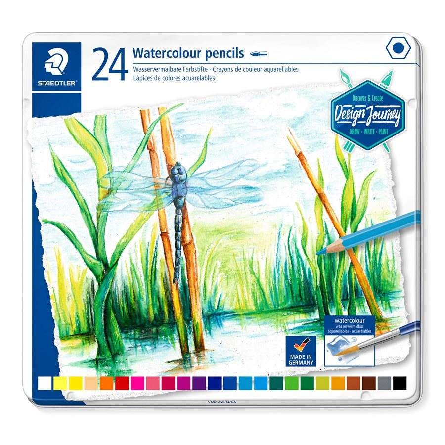Caja metálica con 24 lápices de colores acuarelables, perfecta para técnicas de acuarela y dibujo.