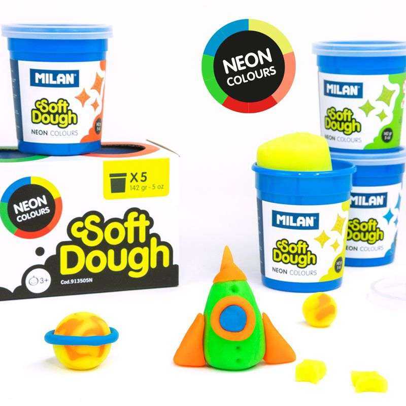 Caja de 5 botes Soft Dough Neon para modelar con colores fluorescentes, ideal para niños y adultos.