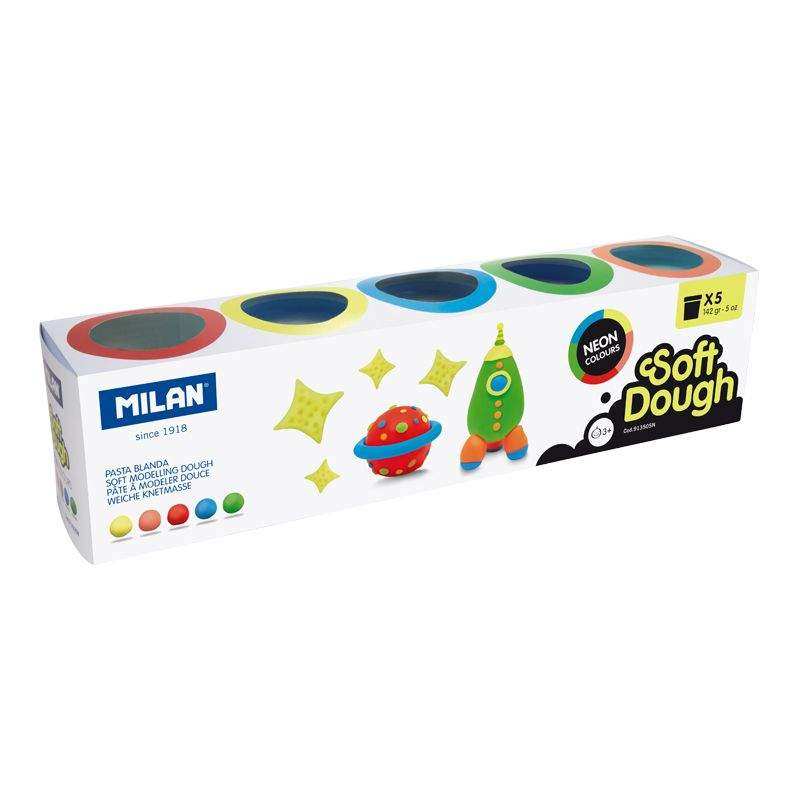 Caja con 5 botes de pasta para modelar Soft Dough Neon, colores fluorescentes.