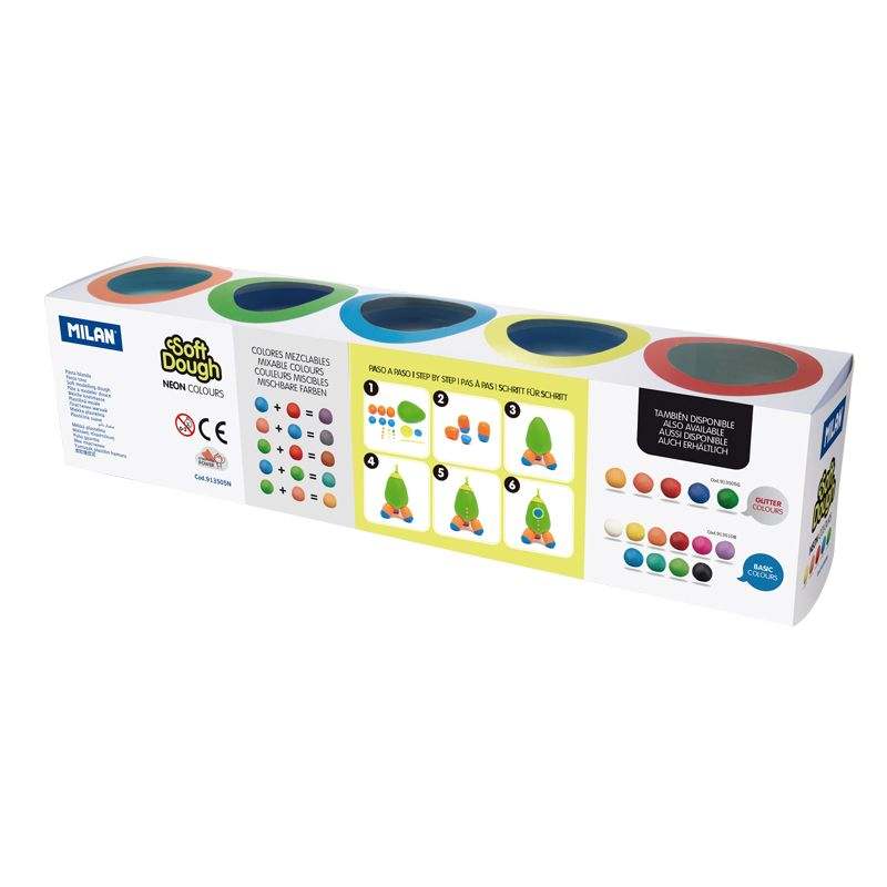 Caja 5 Botes Pasta para Modelar Soft Dough Neon con colores fluorescentes y tapa apilable.