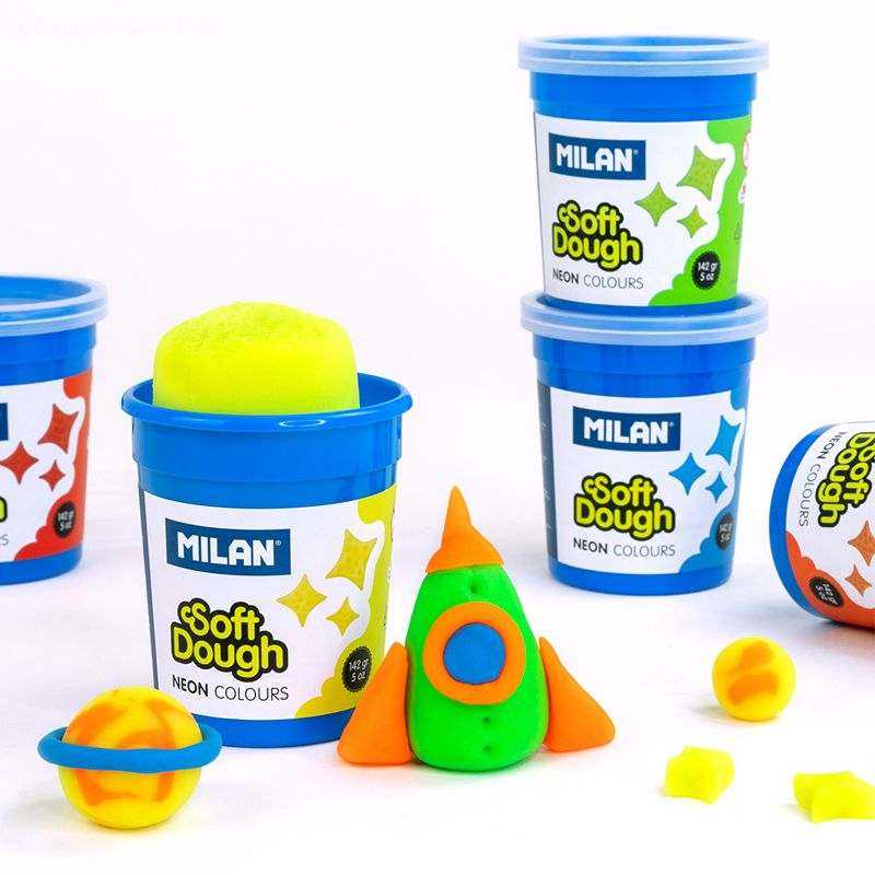 Caja de 5 botes de pasta para modelar Neon Soft Dough en colores fluorescentes, ideal para desarrollar creatividad en niños.