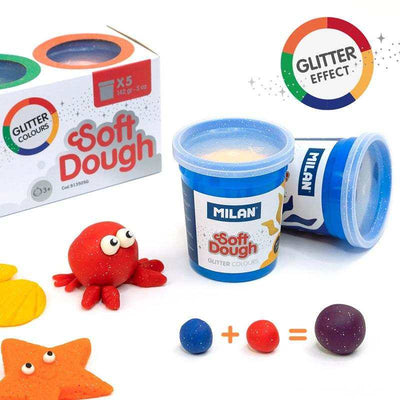 Caja de 5 botes de pasta para modelar Soft Dough Glitter con efecto brillante y colores surtidos.