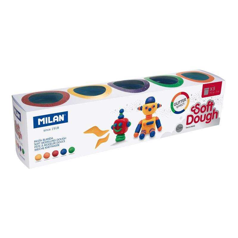 Caja de 5 botes de pasta para modelar Soft Dough Glitter con colores brillantes y purpurina.