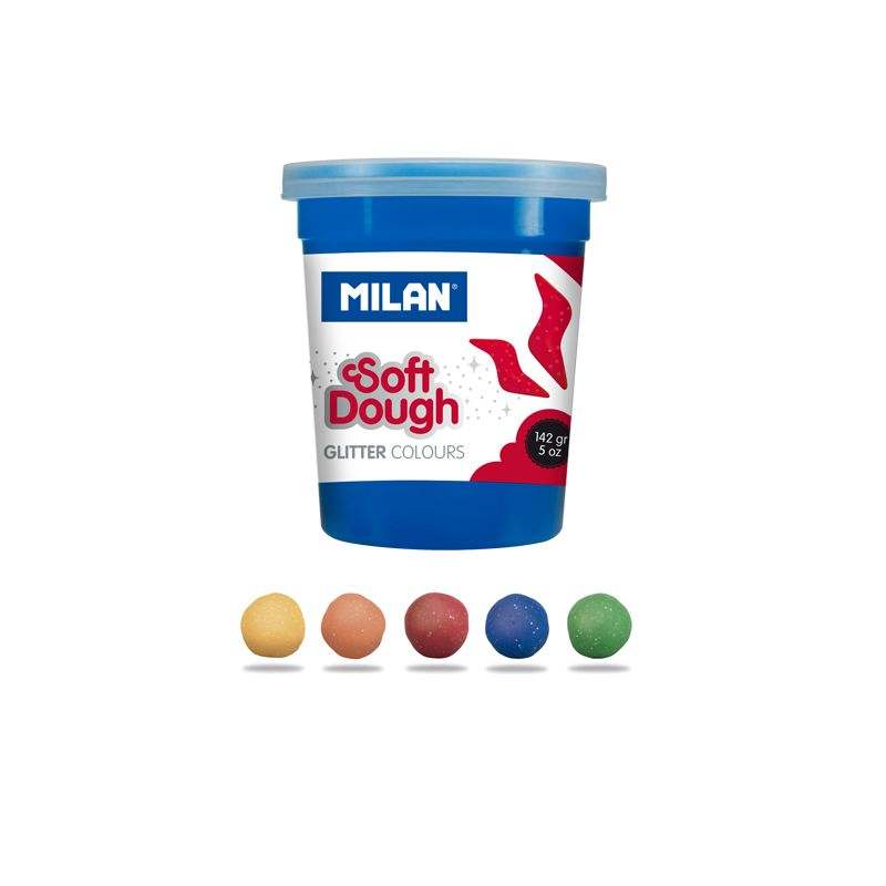 Caja de 5 botes de pasta de modelar Soft Dough Glitter en colores brillantes con purpurina.