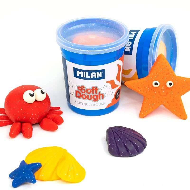 Caja de 5 botes de pasta de modelar Soft Dough Glitter con colores brillantes, incluye purpurina, ideal para manualidades creativas.