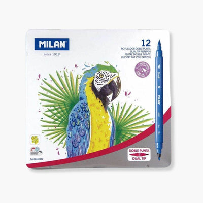Caja Metálica 12 Rotuladores Doble Punta para caligrafía y dibujo, con colores vibrantes y estuche compacto.