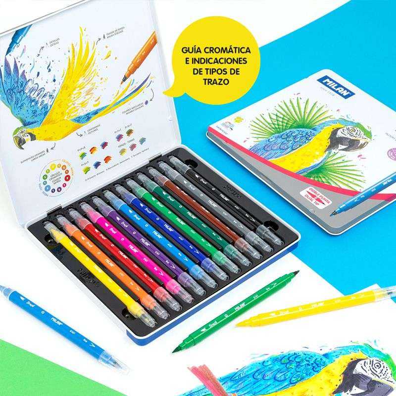 Caja metálica con 12 rotuladores de doble punta para caligrafía y dibujo.