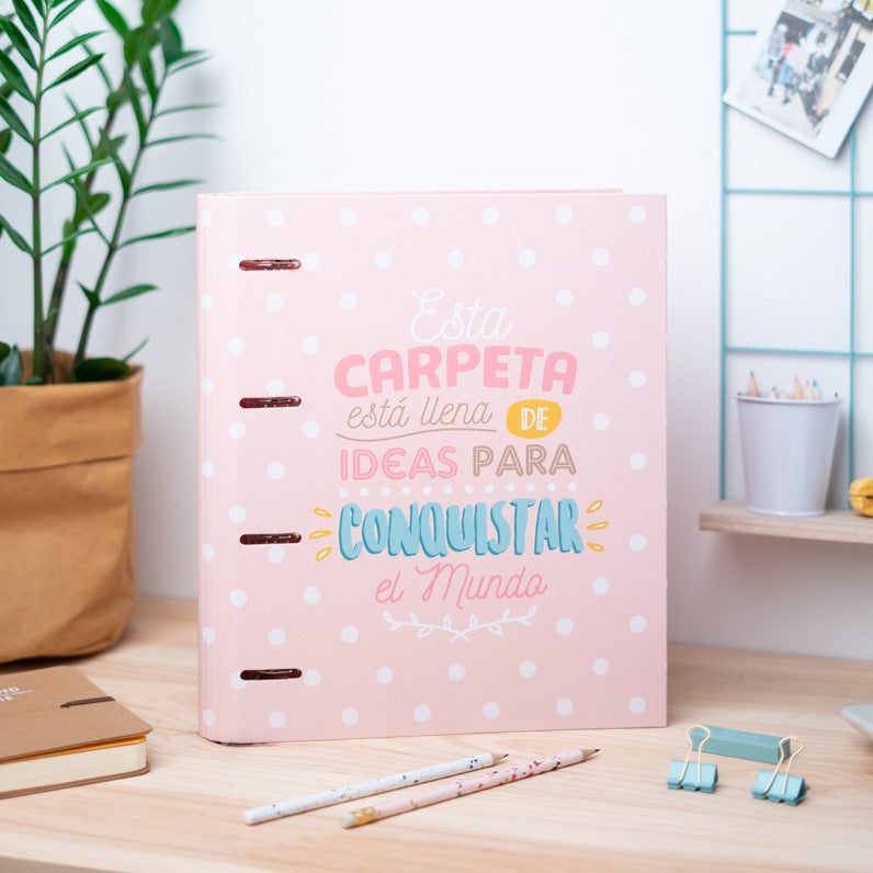 carpeta de 4 anillas en color rosa con frase inspiradora