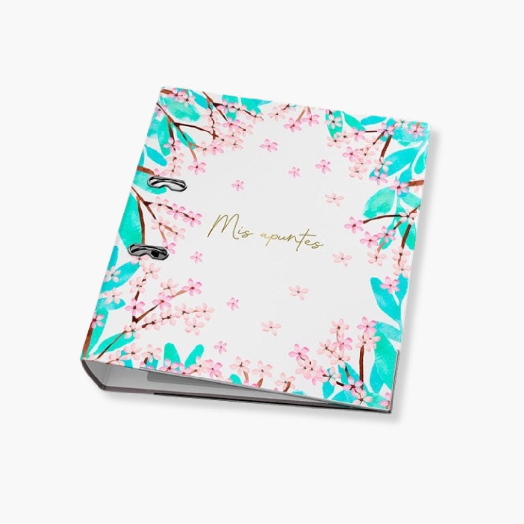 Archivador A4 Hannai Cherry Blossom con diseño floral y sistema de anillas para documentos.
