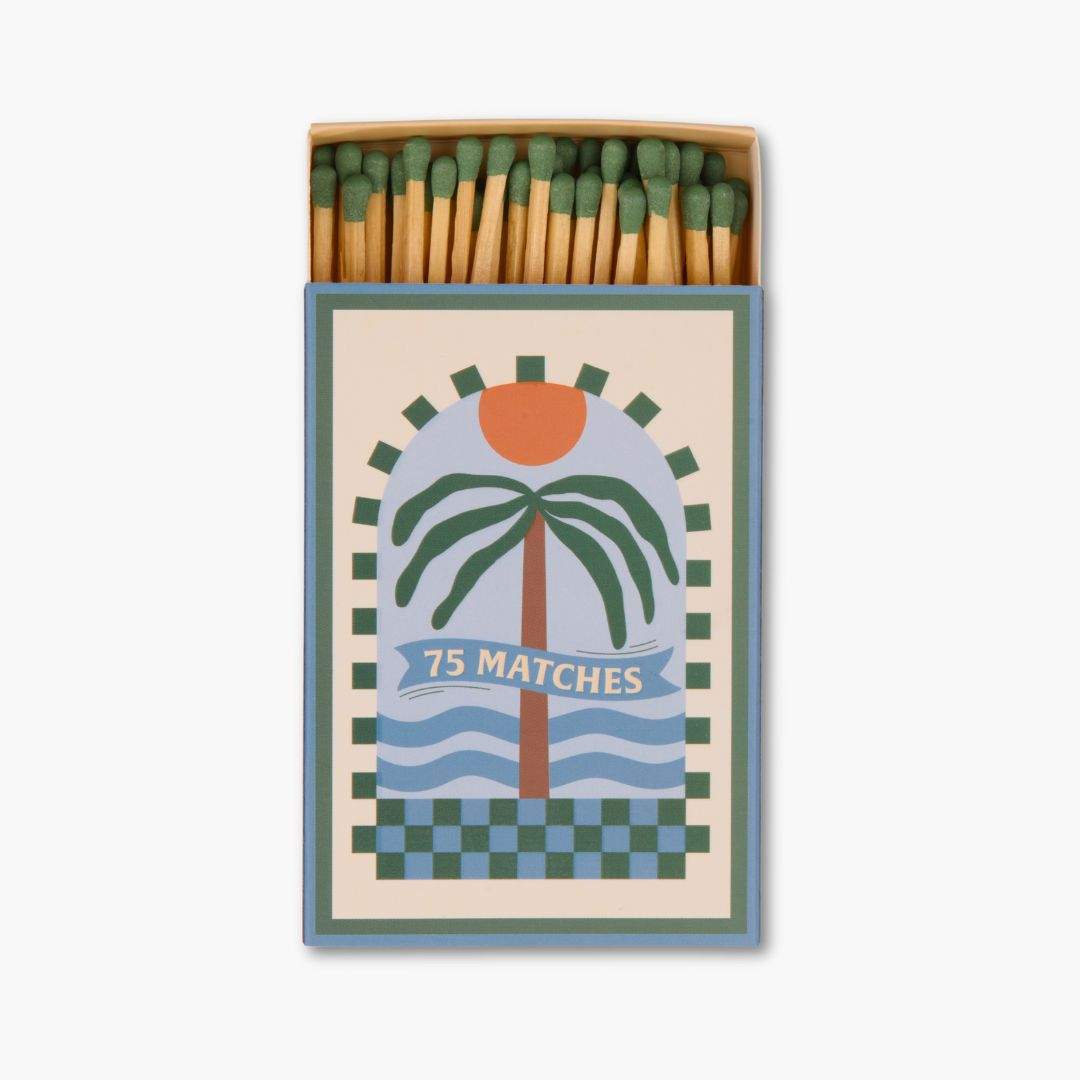 caja de 75 cerillas paddywax con dibujo de palmera