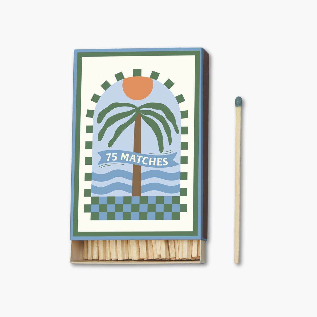 caja de 75 cerillas paddywax con dibujo de palmera