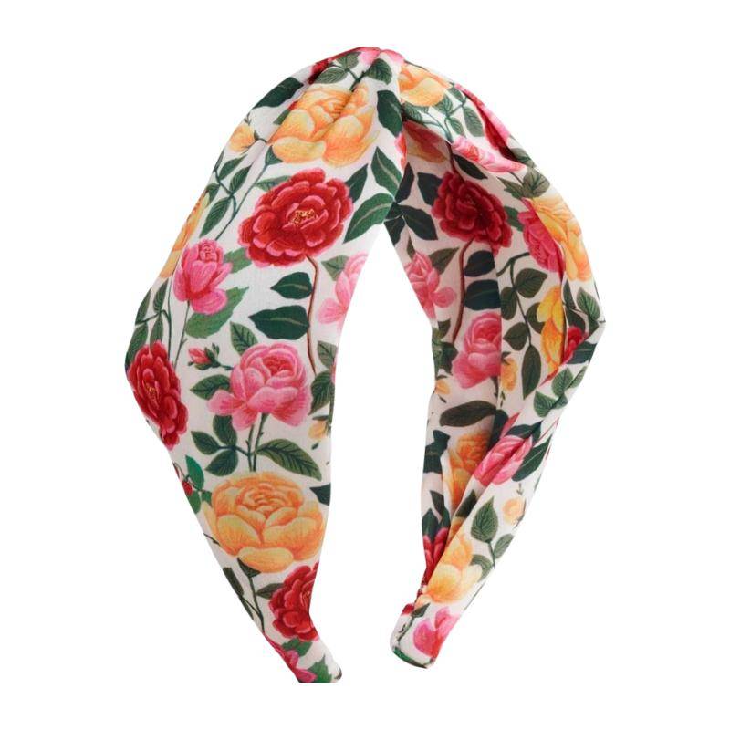 Turbante Diadema Floral Roses de Rifle Paper Co, tela sedosa, estampado vibrante.