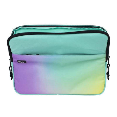 Funda para PC Portátil MILAN Sunset con degradado lila y verde, diseño ripstop resistente, cierre de cremallera, y bolsillo delantero.