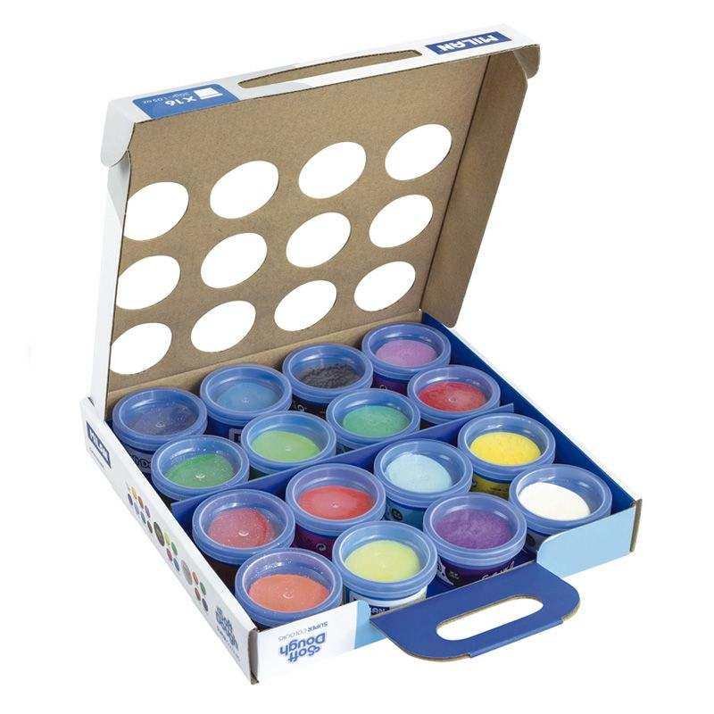Caja de 16 botes de pasta para modelar Soft Dough con colores básicos, neón y glitter.