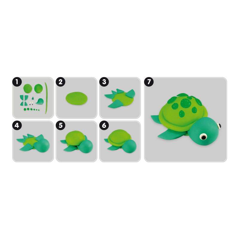 Manual paso a paso para crear una tortuga con la pasta de modelar del kit Soft Dough.