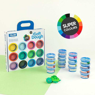 Caja 16 botes pasta para modelar Soft Dough con colores básicos, neón y glitter.