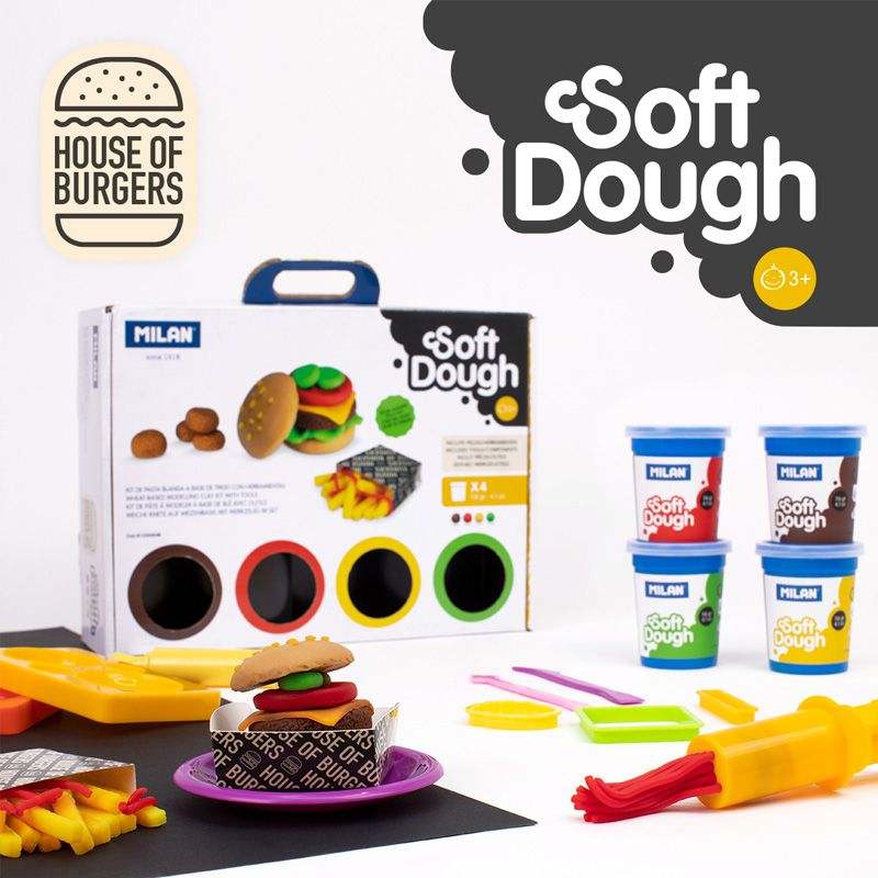 Maletín Pasta para Modelar Soft Dough Hamburguesería con herramientas y moldes para crear hamburguesas y alimentos, 4 colores vibrantes, juego educativo para niños.
