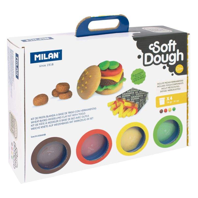 Maletín interactivo Soft Dough "Casa de las Hamburguesas" para niños, incluye pasta blanda en 4 colores y 12 herramientas para modelar hamburguesas, fomenta la creatividad y habilidades motoras.