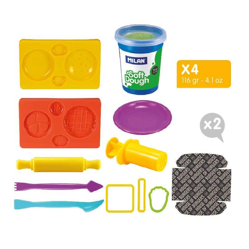 Kit de modelado Soft Dough Hamburguesería con herramientas y moldes para crear hamburguesas y alimentos.