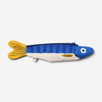 monedero de tela con forma de pez azul y blanco