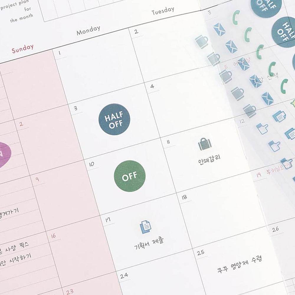 Office Planner ICONIC Ivory, flexible PVC cover, creative organization stickers.