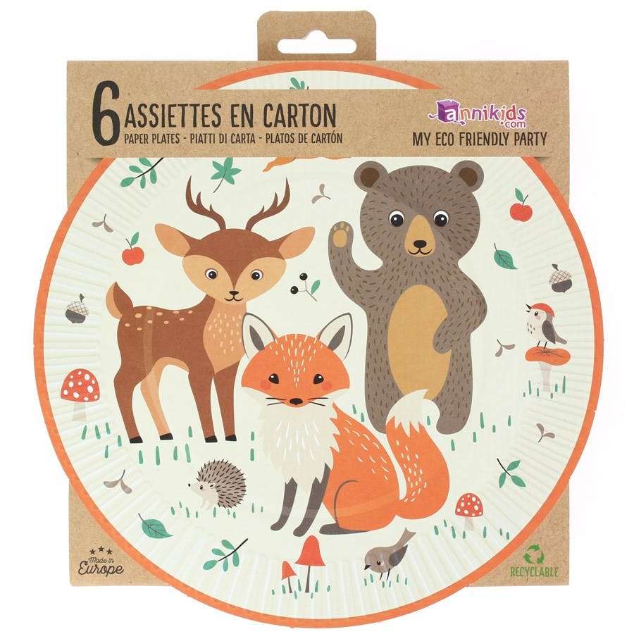 platos desechables para fiesta infantil con animales del bosque
