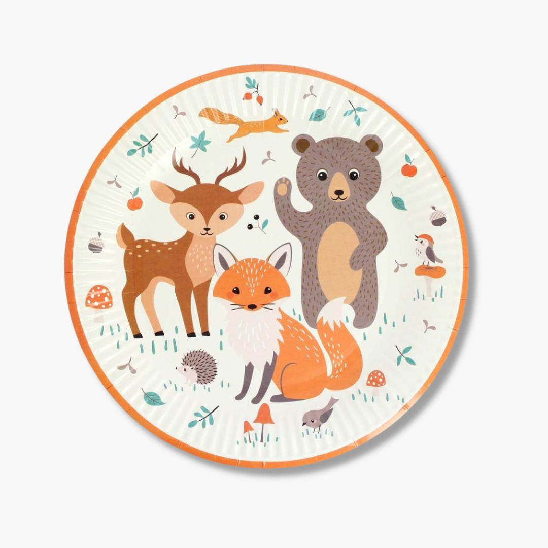 platos desechables para fiesta infantil con animales del bosque