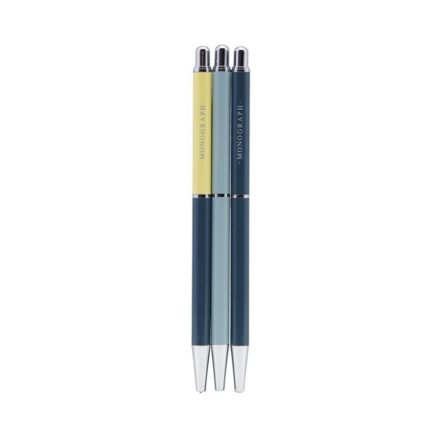 Set de 3 portaminas metálicos Monograph con diseño moderno y colores azules, grosor de 0.5 mm, duraderos y portátiles.
